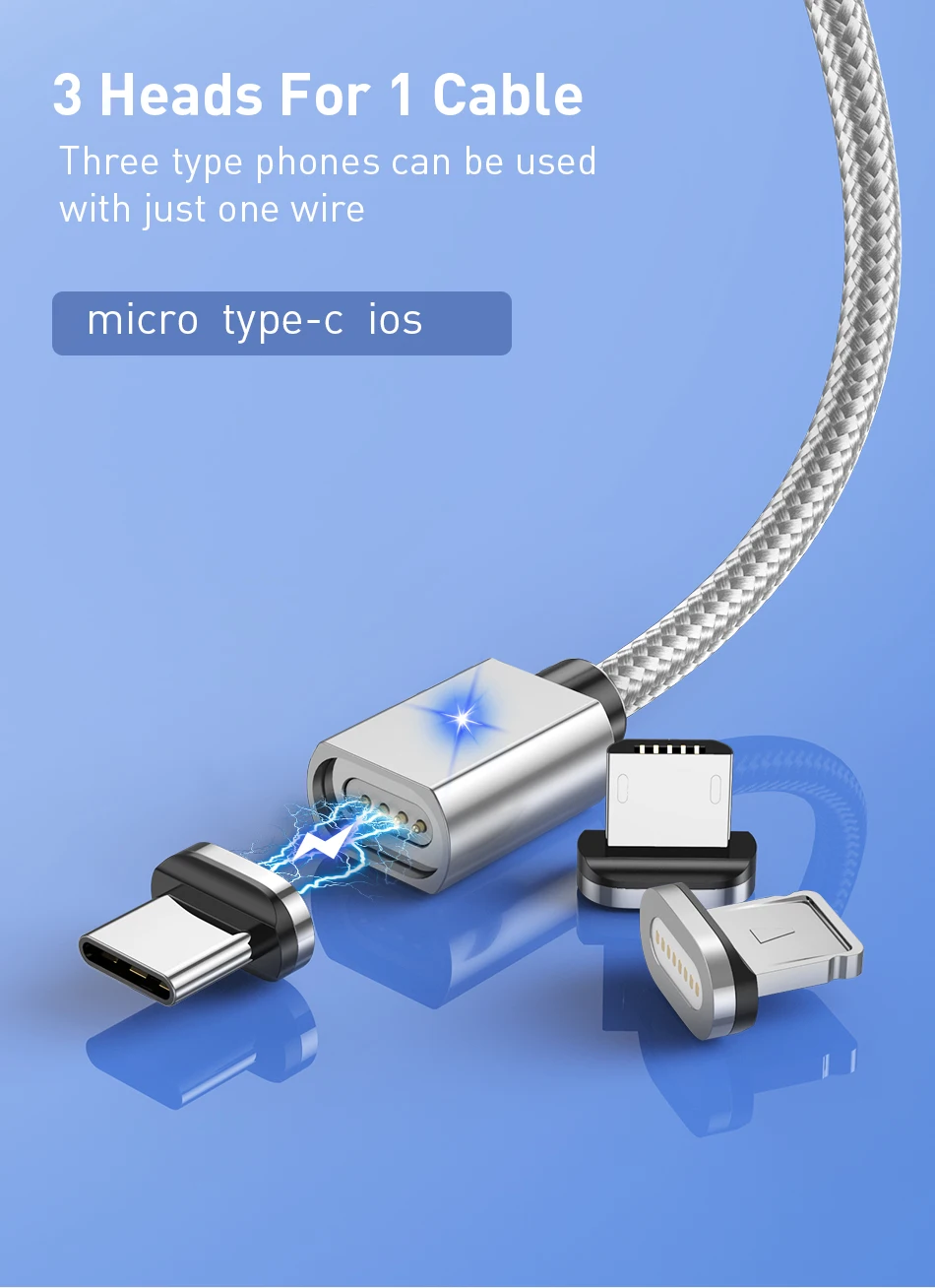  Магнитный кабель для быстрой зарядки Glory Mark 3 в 1 плетеный нейлоновый Micro Usb 3A Быстрая зарядка Передача данных