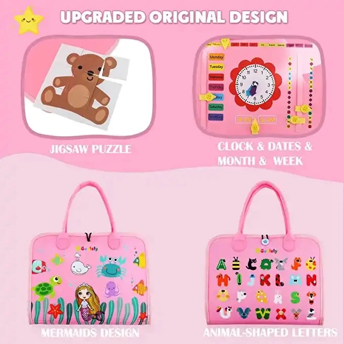 Jinying Pink Busy Board Book Toddler Kids Educational Montessori Toys Felt Cloth Book