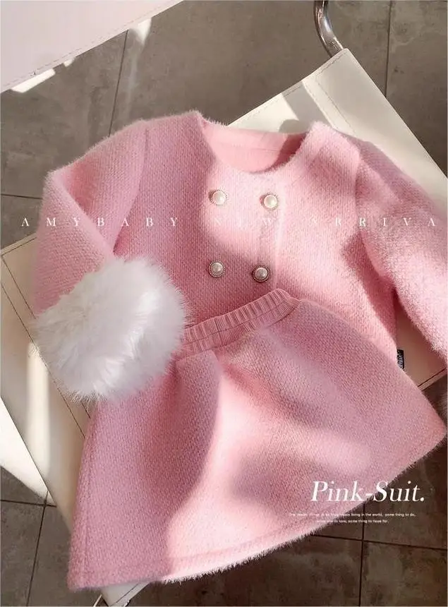 New year style warm kids clothing padded jacket and short skirt for girls fashion Korean 3-8 years old girls dress set