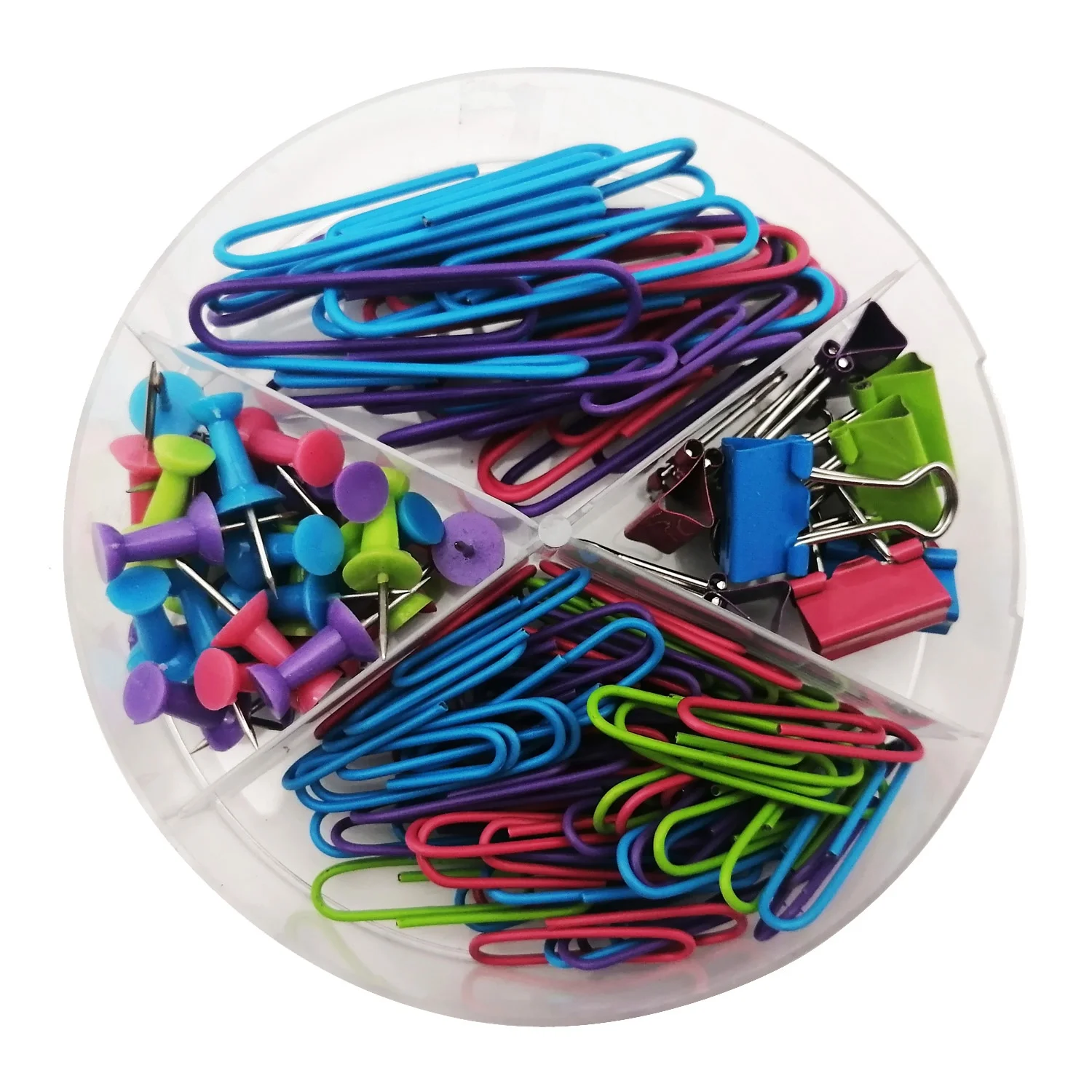 Wholesale transparent box packing office desk paper clip set supplies push pins set school stationery paper binder