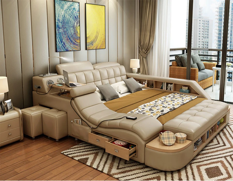 KEHUI Double Bed Smart Base Ensemble Family Floor Velvet Rattan Matress Brown Lost Set Beige Pull Cheap Multifunction Double Bed