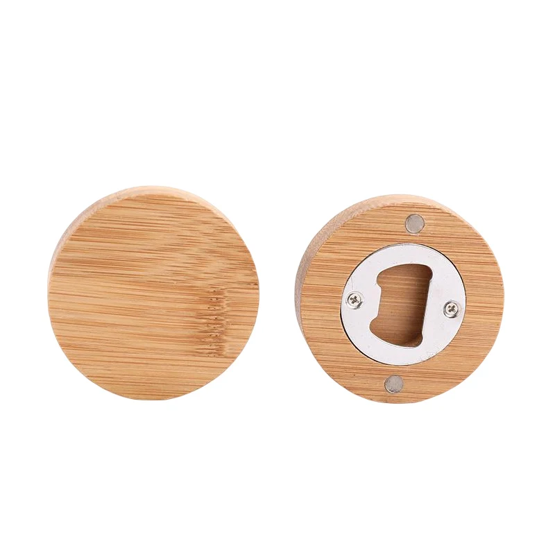 Free custom logo stainless steel bamboo bottle opener bamboo fridge magnet round bottle opener