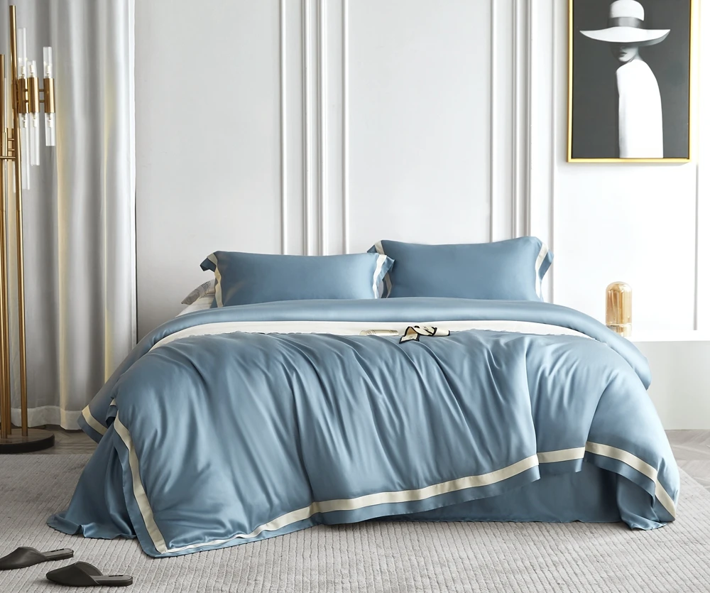 Hot Selling Luxury Organic 100% Bedsheet Tencel Lyocell Fiber Bedsheet Grey Pink Duvet Cover Bedding Set