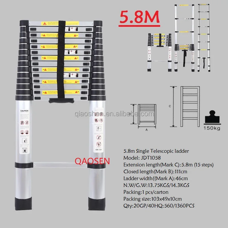 5.8M Single Telescopic Ladder Aluminum Safety EN131 Ladders
