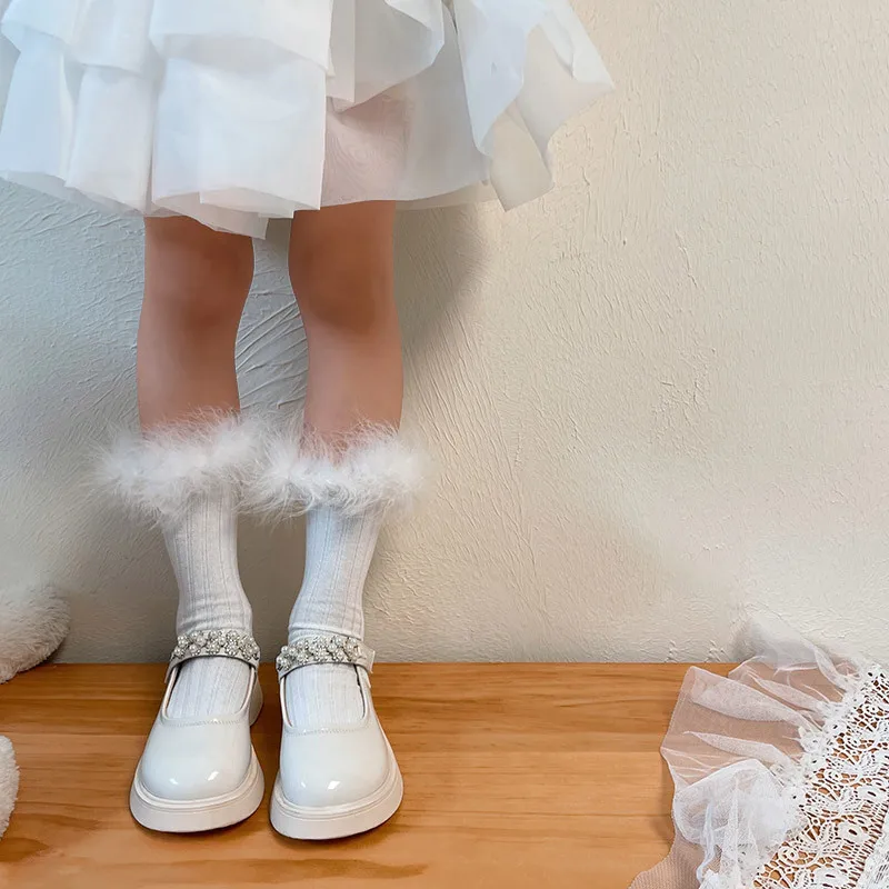Hot Sell Solid Color Feather Trim Faux Fur Trim Baby Girls Ribbed Knee High Boot Socks Kids Girls Fluffy Fur Socks