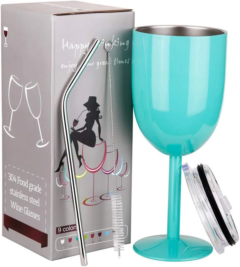 
10 OZ Stainless Steel Wine Glass Double Walled Vacuum Insulated Unbreakable Wine Tumbler Cup With Lid And Straw 