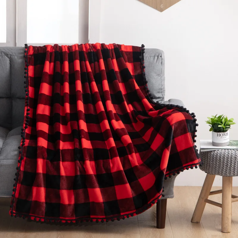 thick suitable Fringed balled checkered printed flannel Christmas blanket for four seasons sofa decoration