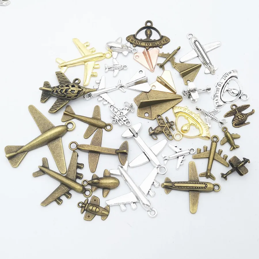Golden Silver Antique Brass Airplane Vintage Metal Alloy Pendant Charms Tags jewelry accessories Peace Music Clover Key Lock Bag