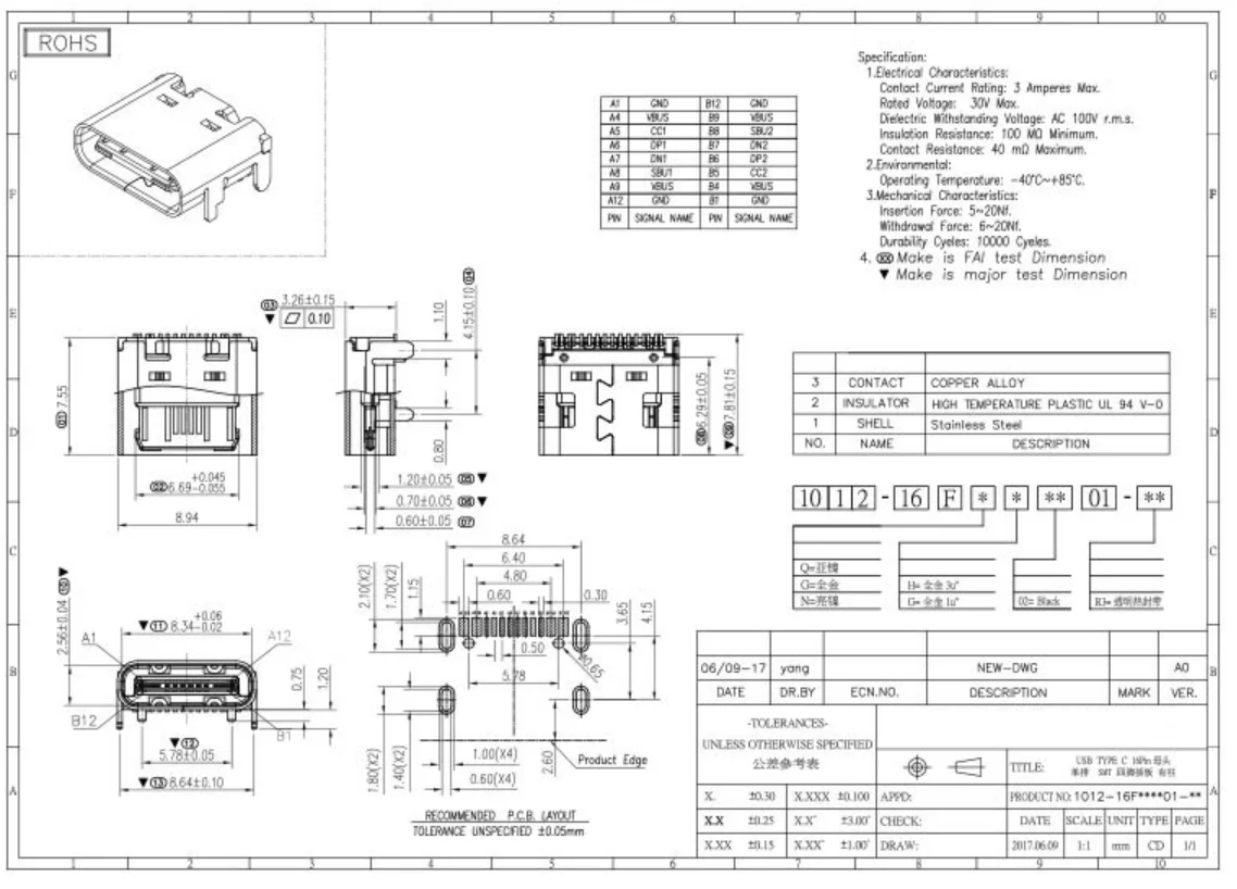 INKSON Type-C 16Pin Female SMT Mount Board 3.1 USB Connector