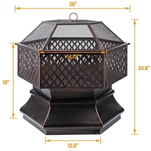 Best choice Hex-shaped steel fire pit 26in 28in 30in for garden, backyard, poolside lid fire pits wood burning outdoor