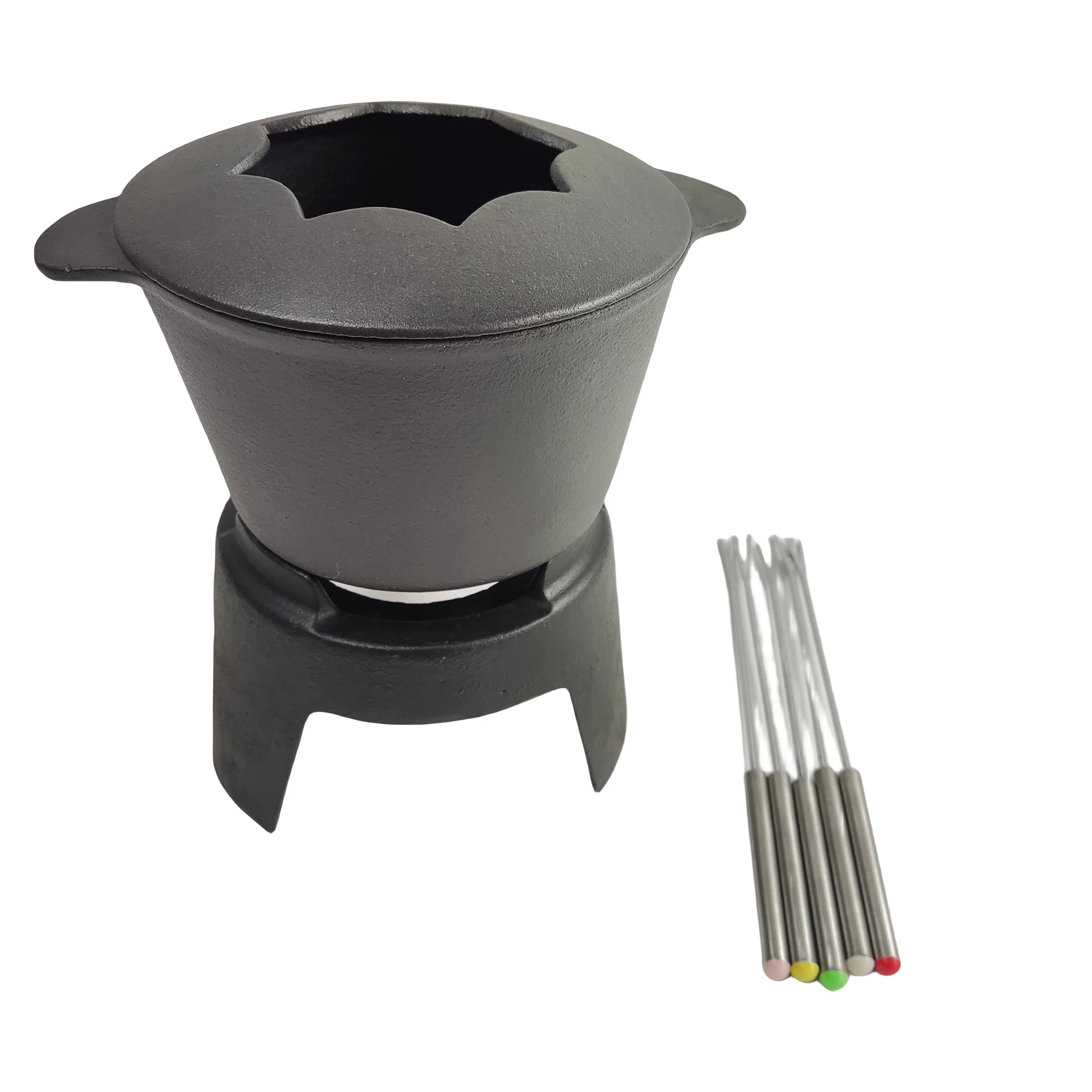 High Quality Preseasoned Cast Iron Fondue Pot Set Cheese Fondue Set with 6 Fondue Forks and Stand