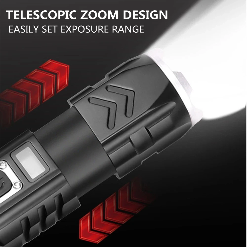 High Powerful  P90 Usb Zoomable Camping Torch With Smart Oled Display Powerful Rechargeable Tactical Led Torches Flashlight