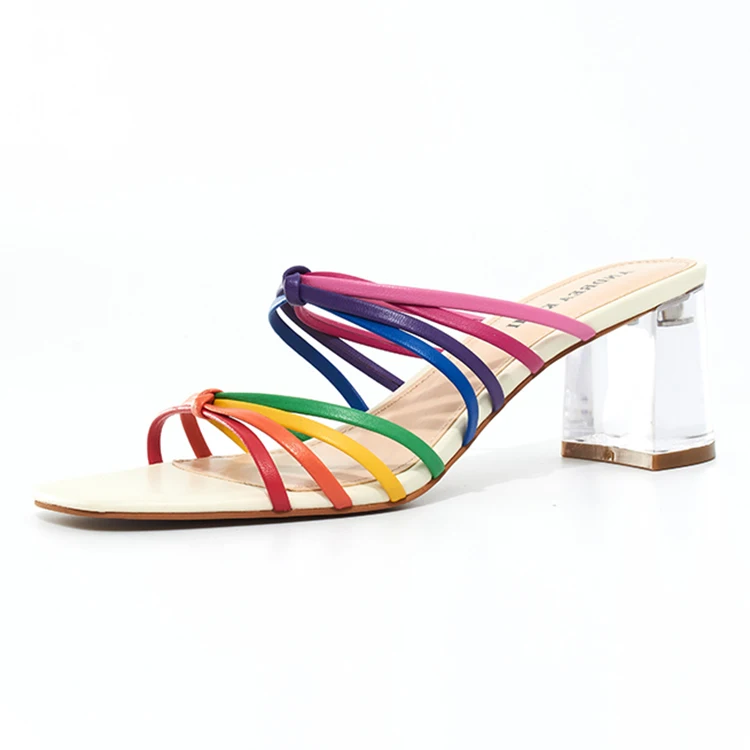
2021 Hot Sale Good Quality Clear Heel Sexy Sandal for Women Transparent Pumps Rainbow Woven Upper Slide for Summer 
