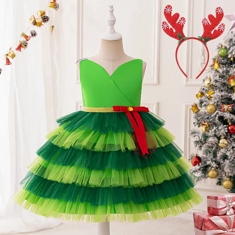 Girls Dress Santa Snowflake Children Shirt Cartoon Print Princess Christmas Party Cos Performance Costumes