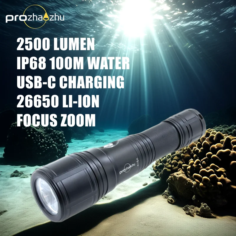 XHP50 Waterproof IP68 Rechargeable Flashlight with 26650 Battery for Scuba Diving & Underwater Use
