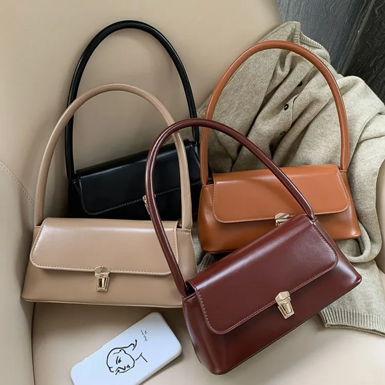 2024 Vintage Design Women Underarm Bags Solid Color Pu Leather Shoulder Designer Ladies Handbags Luxury Purses