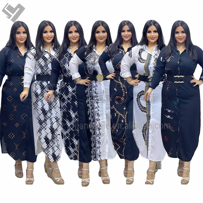 Wholesale Spring Summer Women Designer Print Casual Dresses Long Sleeve Button Up Shirt Maxi Dress Brand Luxury Elegant Dress