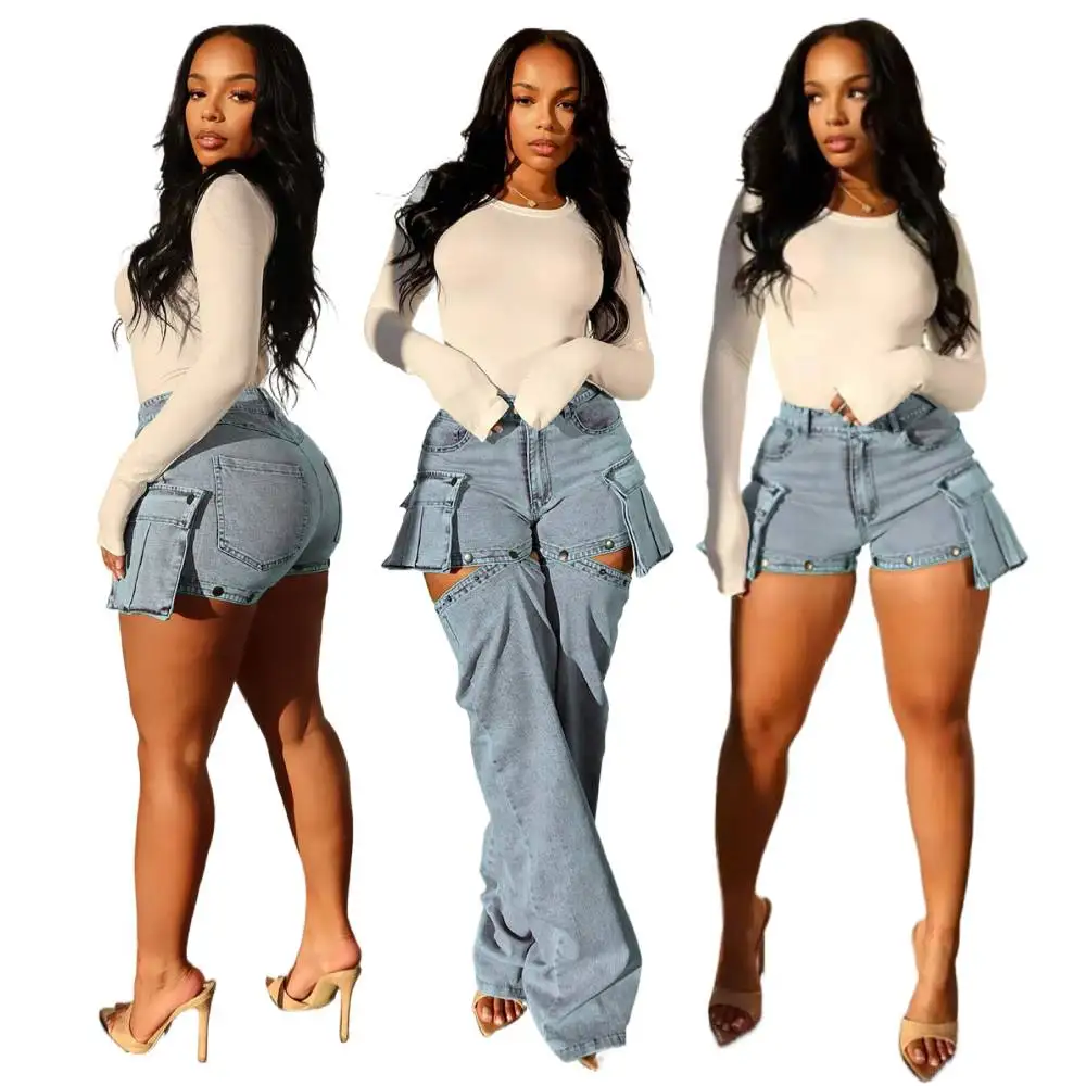 Removable Buttoned Baggy Jeans for Women 2 Wears Hollow-out Plain Denim Wide Leg Pants Y2k Trousers Korean Streetwear