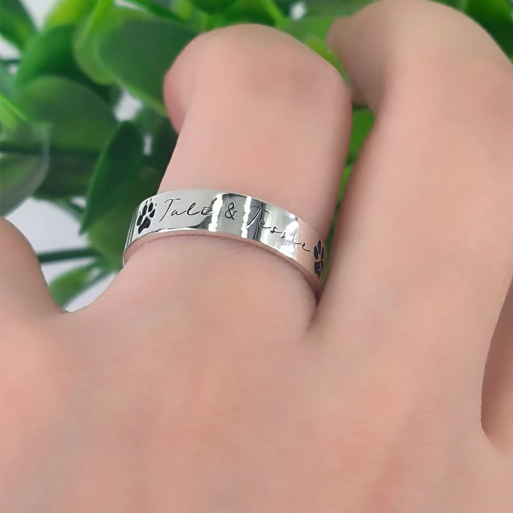 European and American fashion dog jewelry simple laser engraving dog paw ring pet custom name stainless steel ring