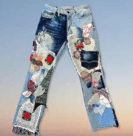 Fashionable Customized  Patches Embroidery Loose Straight Light Blue  Baggy Straight   pants Loose long Wide Leg Jeans