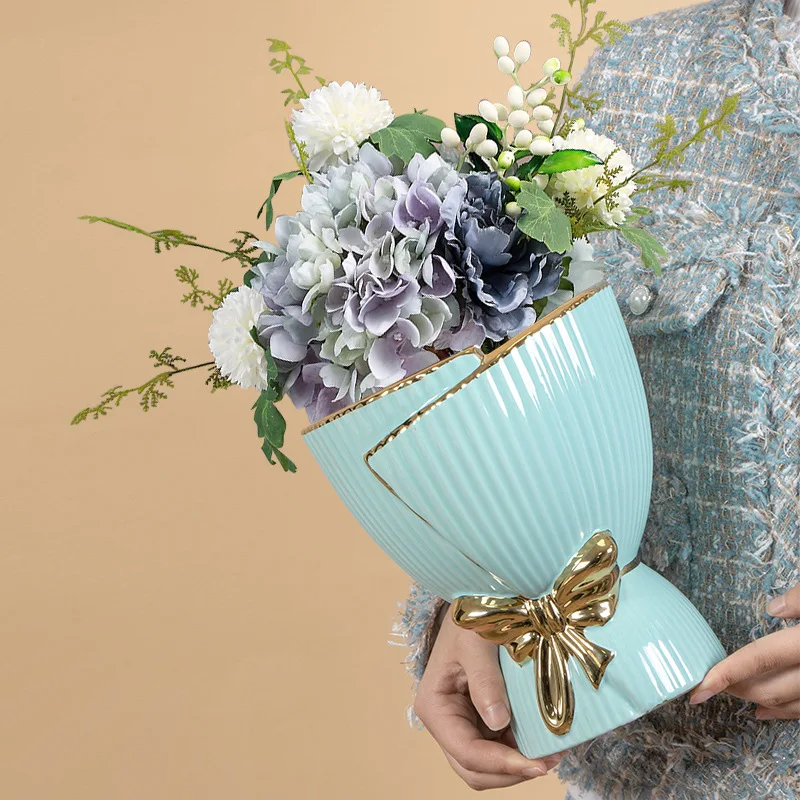 Custom Indoor Home Decor Gold Plated Bouquet Shape Ceramic Planter Plant Flower Succulent Cactus Pots