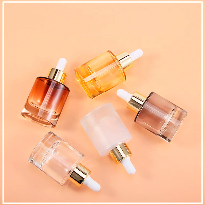 Glass essential oil bottle skin care cosmetic glass dropper bottle gold ring white silicone rubber head travel bottle