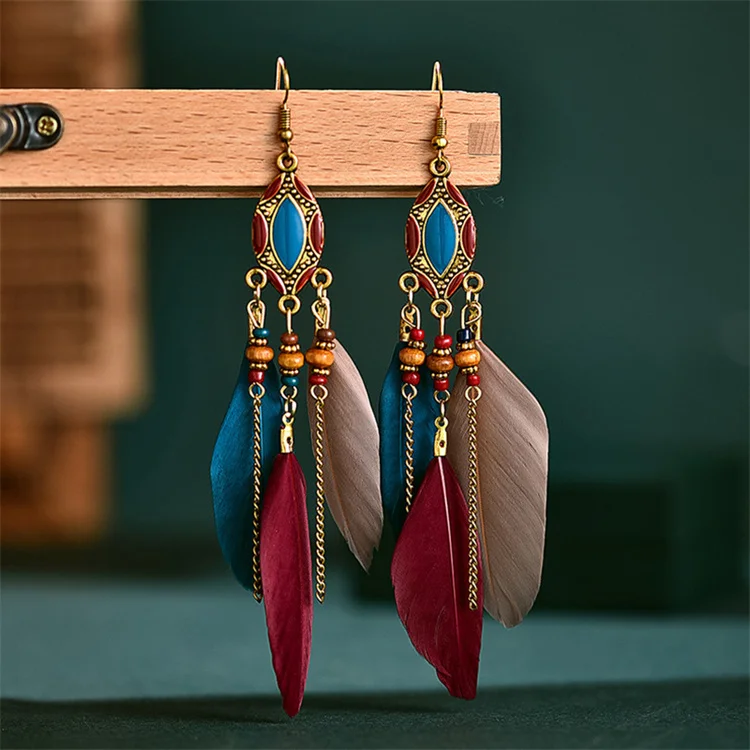 New 2024 Rice Bead Retro Tassel Feather Earrings Long Oil Drop Feather Earrings Bohemian Ornaments Earrings For Women