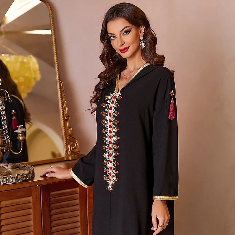 Black hooded style abaya manufacturing hand sewn diamond patchwork gold woven belt hoodie abaya dress muslim Middle East Morocco