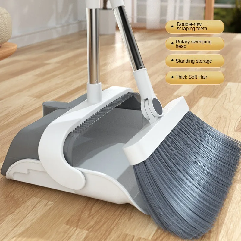 Broom and Dustpan Set Long Handle for Home Kitchen Room Office Lobby Floor Use Teeth Upright Stand Up Broom with Dustpan Combo