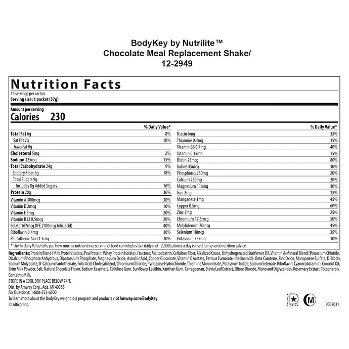 BodyKey by NUTRILITE Meal Replacement Shake chocolate Flavor Ingredients Protein dietary fiber vitamins minerals energy