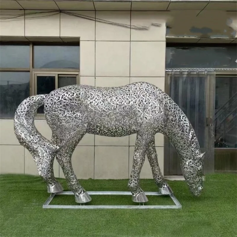 Large Size Modern Stainless Steel Sculpture Outdoor Abstract Art Hollow Stainless Steel Wire Sculpture Metal Horse Statues