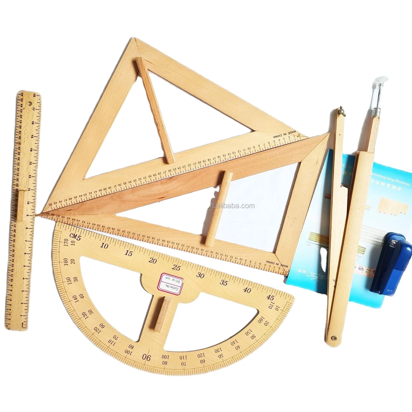 Wholesale school stationery wood school ruler geometric protractor triangle school teaching wooden ruler woodworking compass