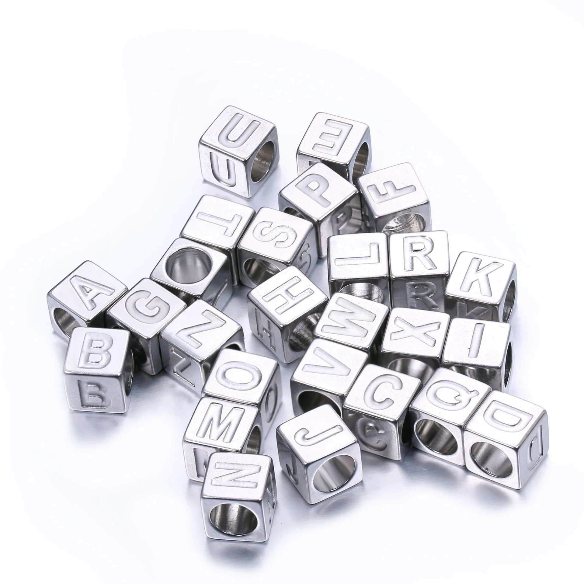 7mm stainless steel three-dimensional square perforated beads with 26 English letters square beads DIY necklace bracelet
