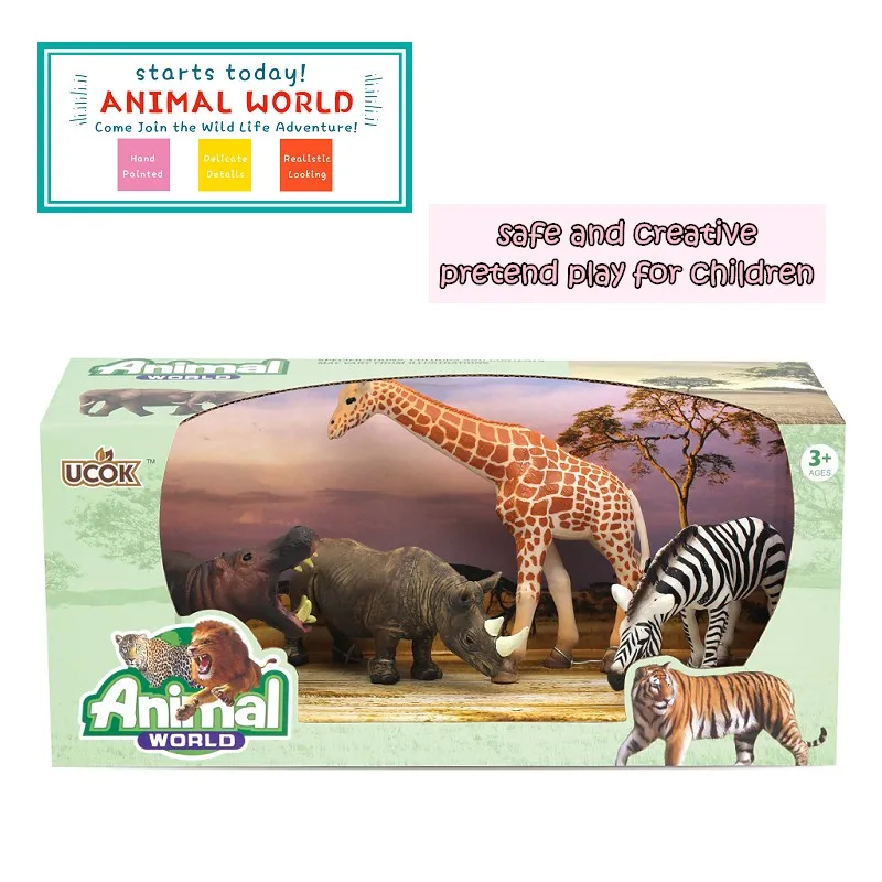 giraffe, Lion, Tiger, Elephant, 4-pieces Animal Figurines in Decorative Box as a Play Scene