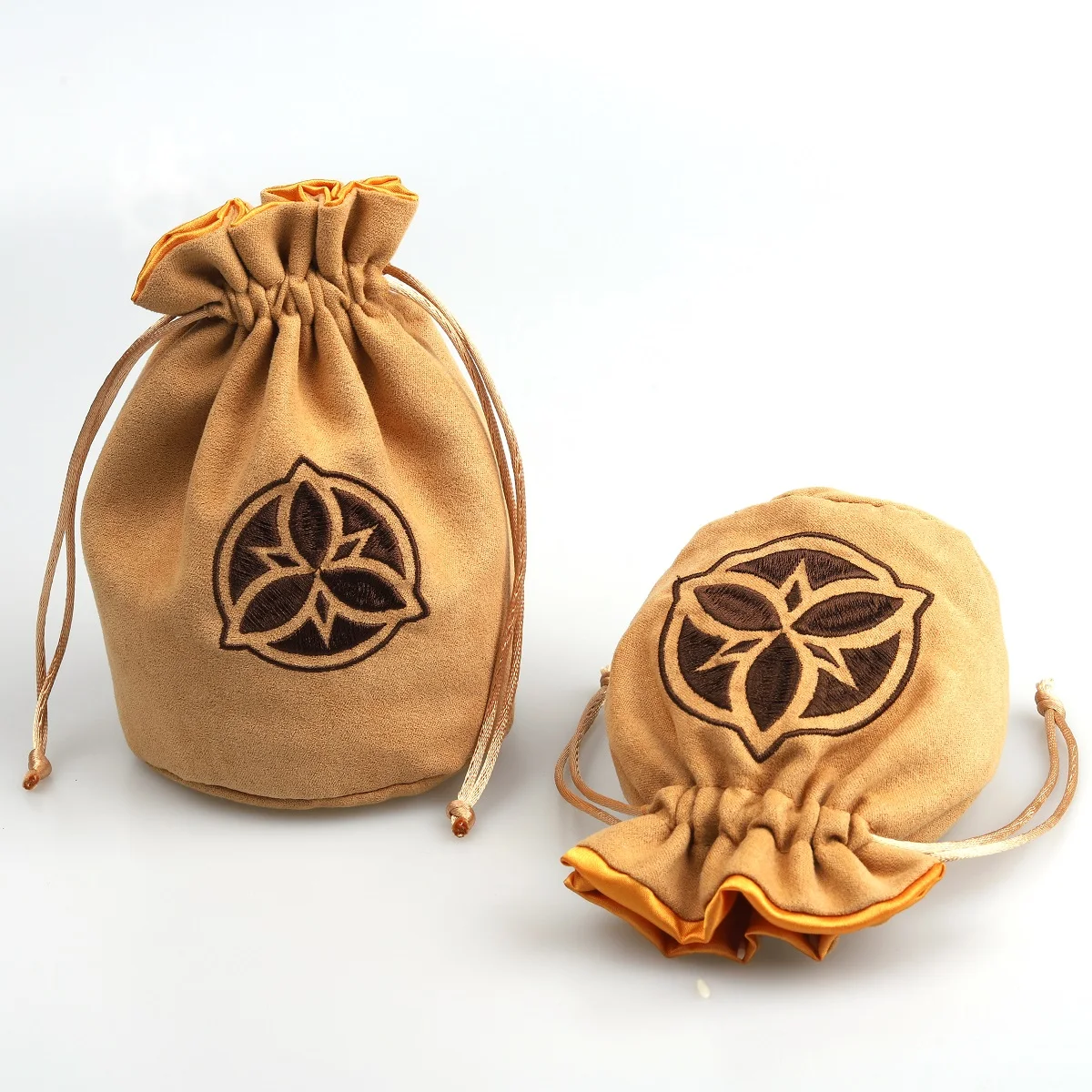 Round Bottom Suede Jewelry Gift Packaging Bag With Satin ling Brown Embroidery Logo Suede Velvet Cosmetic Drawstring Pouch