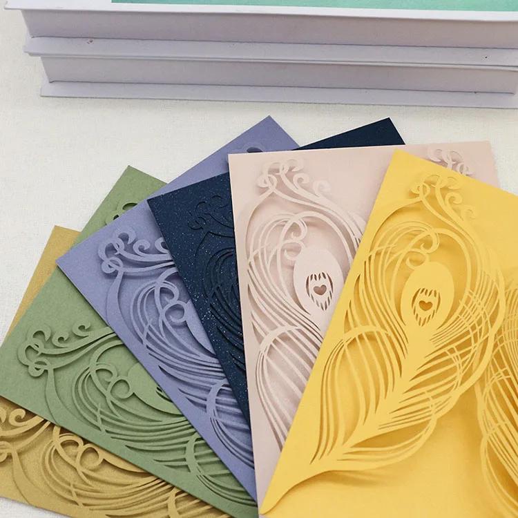 Luxury Rectangle Laser Cut  Feather  Wedding Invitation Cards Design For  Bridal Shower Invite, Baby Shower Invitations