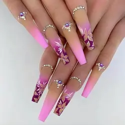 Private label false nail long  press on nails rhinestone pink for women and girls