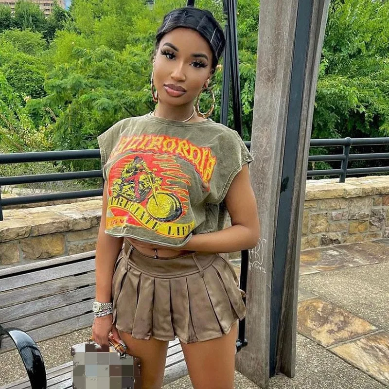 X12615C Grunge Y2K Fashion Printed Loose Tanks Casual Streetwear Crop Tops Women 90s Basic Shirts Sleeveless Tees Rave Outfits