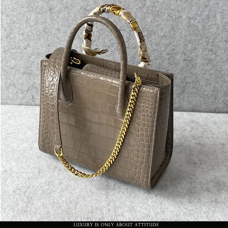 Luxury box doctor style leather bag, designer high quality italian genuine embossed crocodile leather women tote handbag