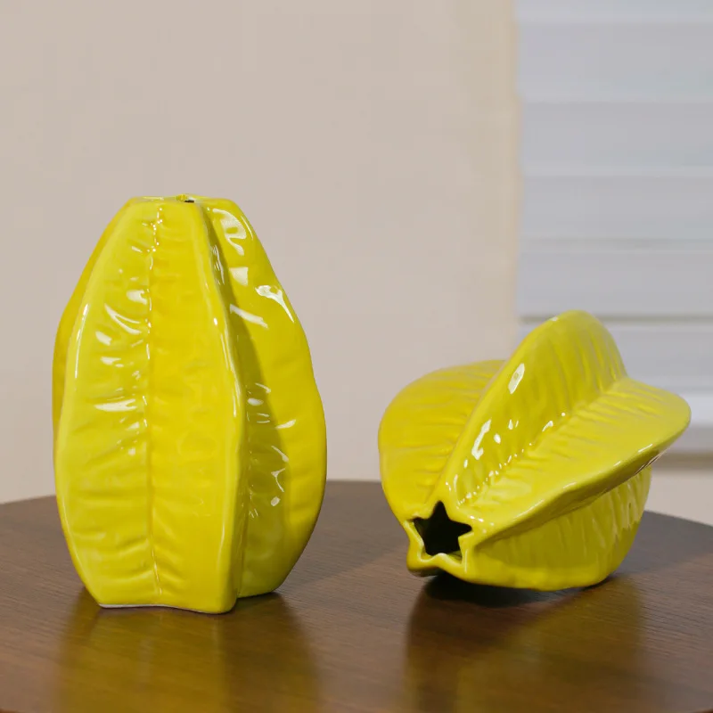 Modern Art Deco Ceramic Vase Unique Starfruit Shape in Bright Yellow Glaze Fruit-Inspired Decorative Home Pottery