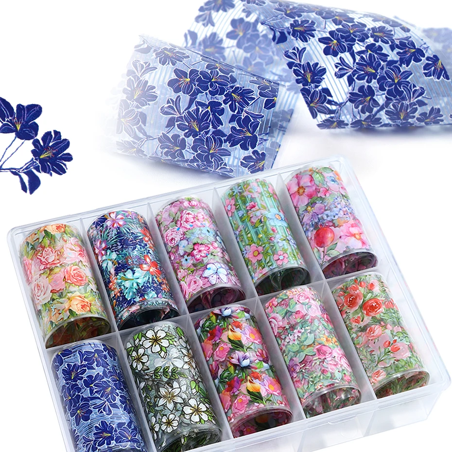 10 шт./чехол Красочные смешанные сезон: весна-лето с цветочным принтом переводная фольга бумага украшения для маникюра дизайн УФ-гель ногтей слайдер