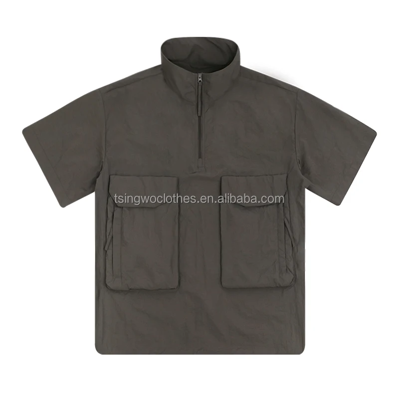 Customized logo digital printing camp collar solid work men shirt track suit summer short sleeve 1/2 zipper cargo shirt for men