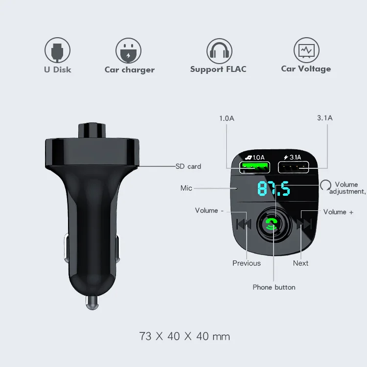 Hand free fast charger car MP3 wireless Car Fm Transfer Mp3 player Dual usb  Car Charger MP3