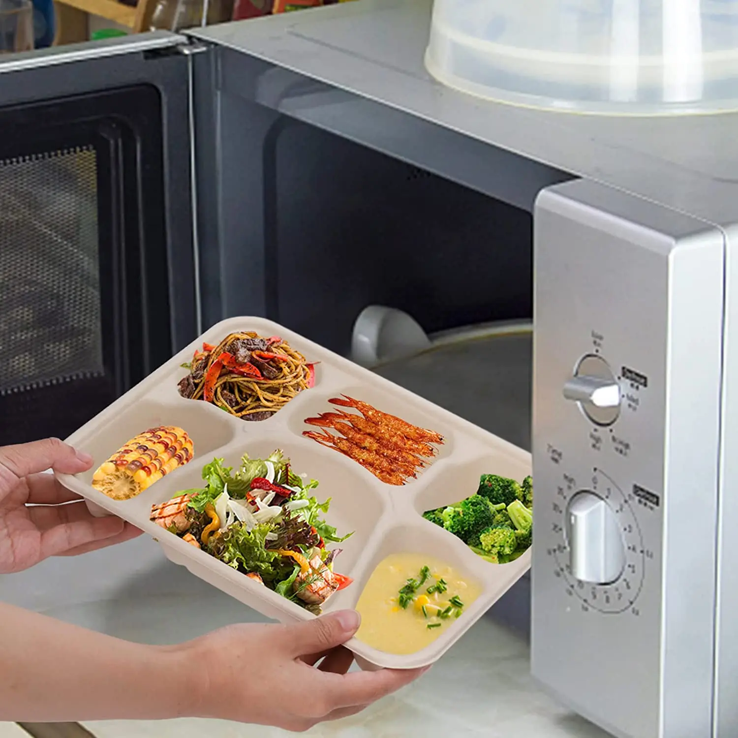 Customized Biodegradable Disposable Plates 5 Compartment Sugarcane Bagasse Tray for Wedding