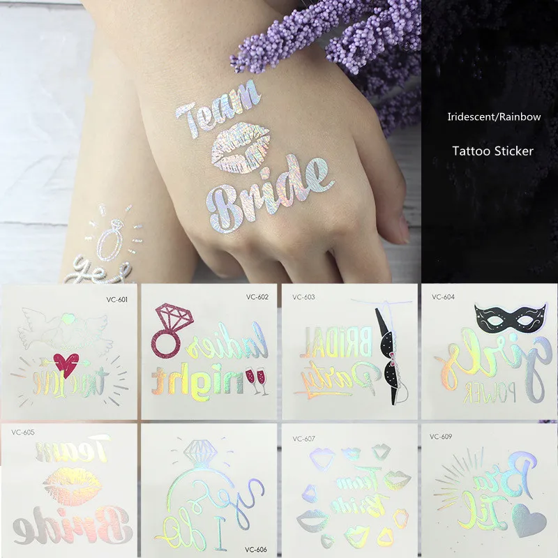 Custom Rainbow Silver Iridescnet Temporary Water Transfer Team Bride Party Tattoo Sticker