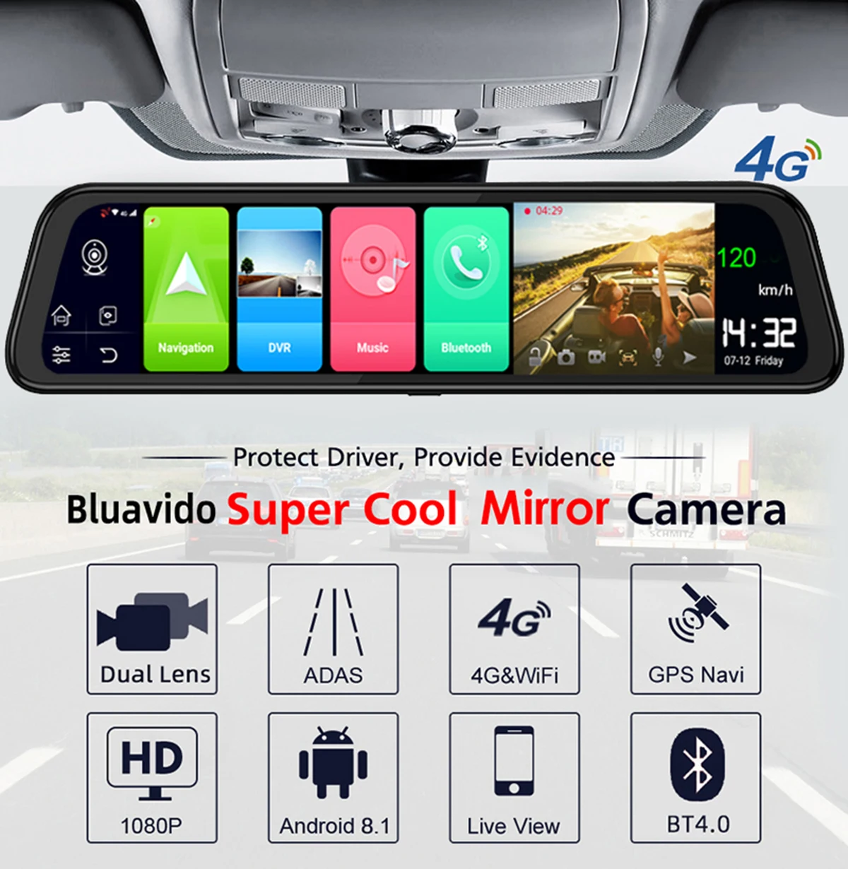 
Zimtop 12inch 1080p 4G Rearview Mirror Car Camera WiFi ADAS Android 8.1Touch DVR 4+32G ROM Remote Control Rear view Mirror 