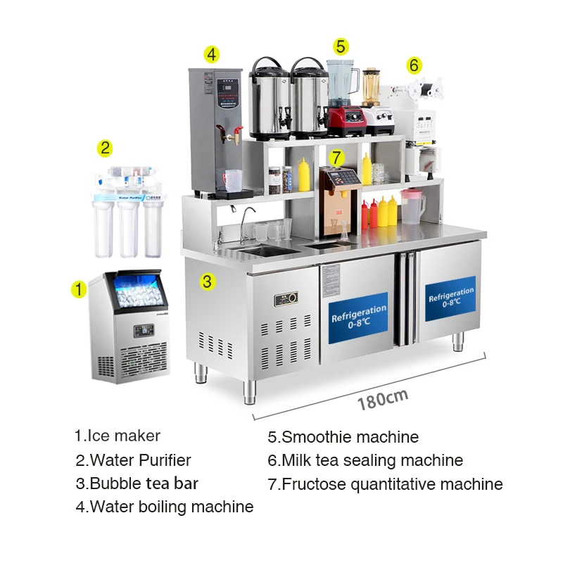 Bubble Tea Bar Counter With Refrigeration and milk tea making equipment, comptoir de bar bubble tea shaker bar