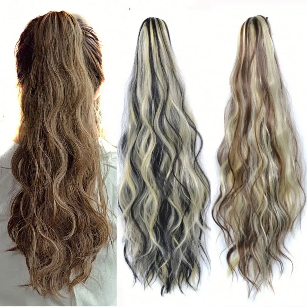 MYZYR Corn Wavy Long P Onytail Synthetic Hairpiece Wrap on Clip Hair Extensions Fack Hair Ombre Brown P Ony Tail Blonde 24INCH