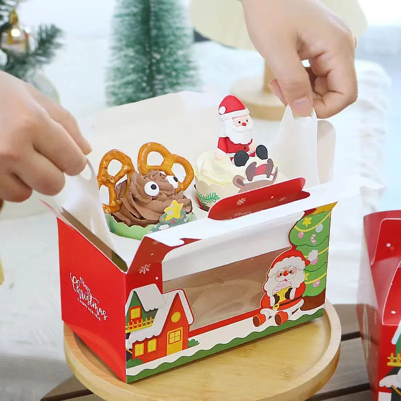 Wholesale Thick Packaging Paper Boxes 1 2 4 6 Pieces Christmas Paper House Gift Box Christmas Cupcake Packaging Box With Window