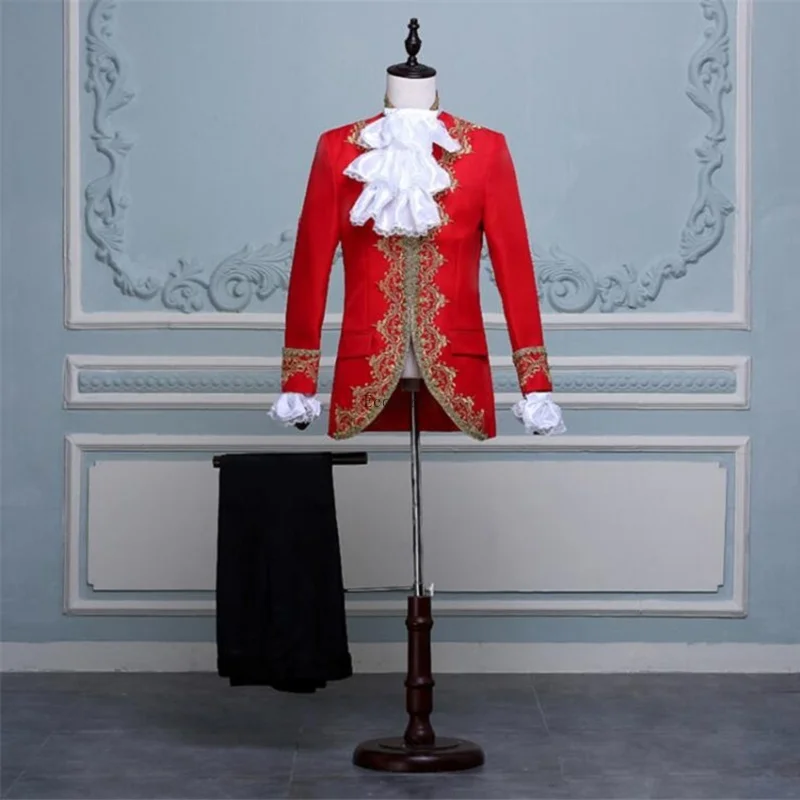 New Men Renaissance Costume Vintage Military Tunic Court Jacket and Pant neckties Set Uniform Top Coat Fancy Dress Medieval